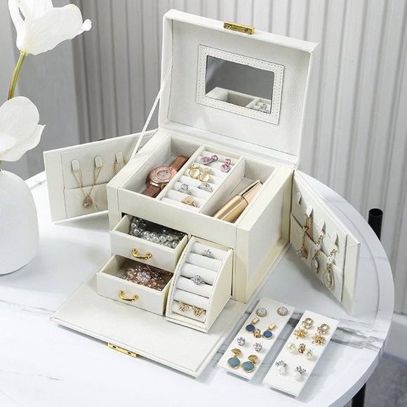 PU Leather Ladder Style Jewelry Box with Lock Mirror and Side Doors - Picture 2 of 7